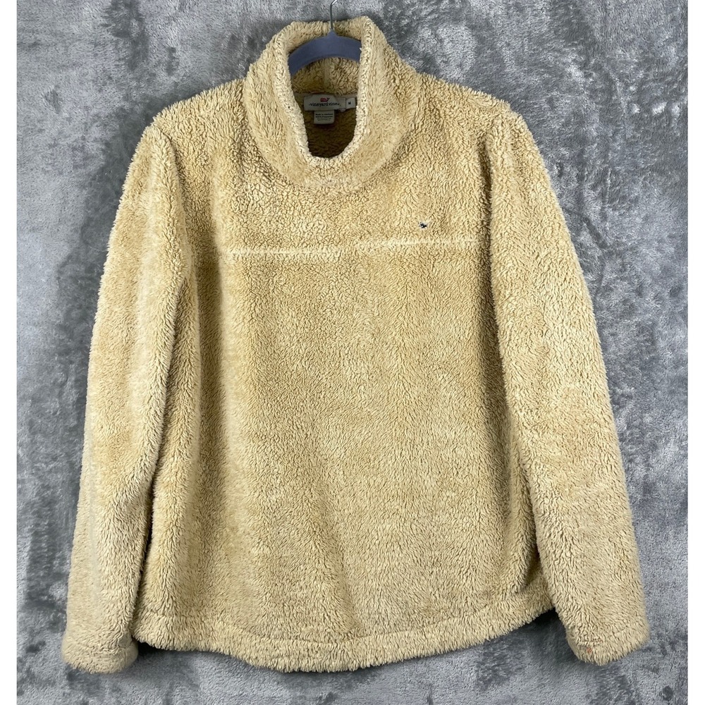 Vineyard Vines Teddy Fleece Pullover Womens Medium Tan Mock Neck Cozy Fuzzy Soft
